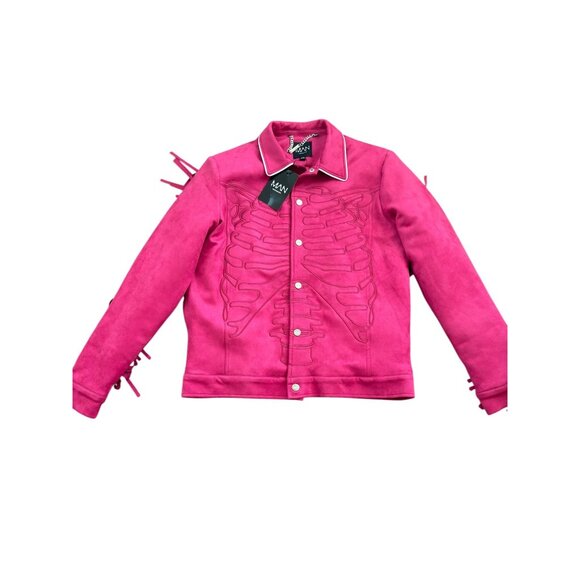 Boohoo Hot Pink Fringe Skeleton Embroidered Suede Jacket White Piping Detail Siz - Picture 1 of 8
